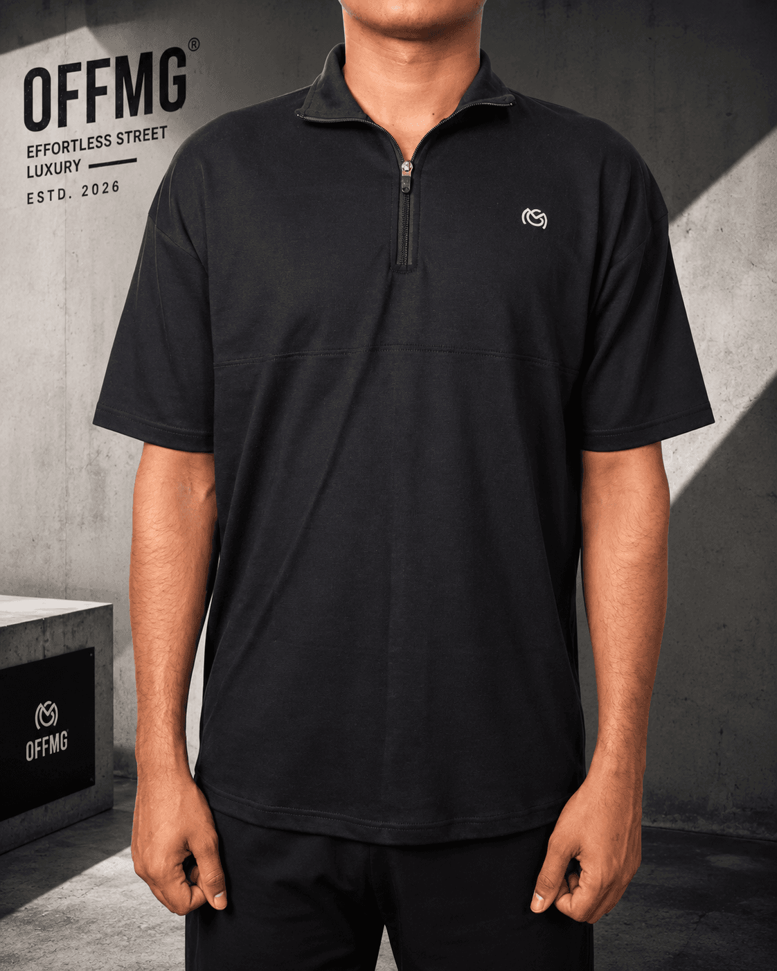 OFFMG Men's Minimal Black Half Zip T-Shirt